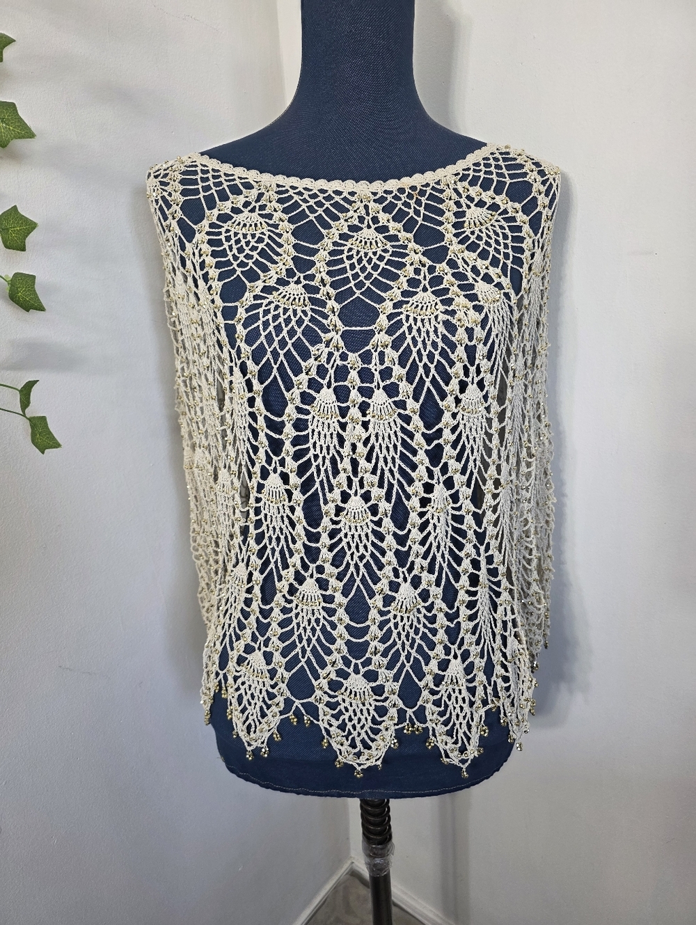 ​Beaded Pineapple Crochet Lace Poncho Topper | Ivory & Gold